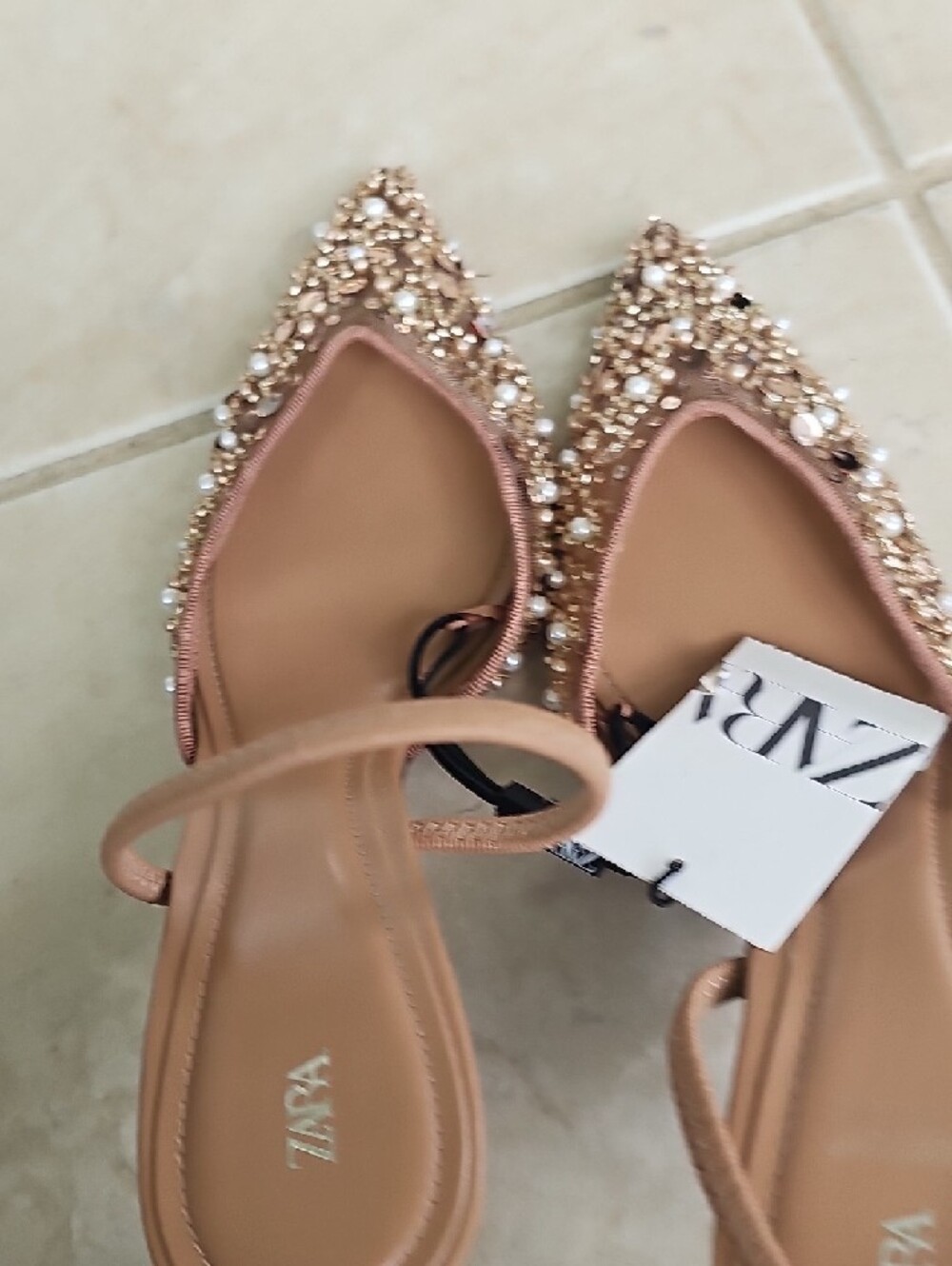 Zara Brown Embellished Pointed Slingback Heels - Picture 7 of 9